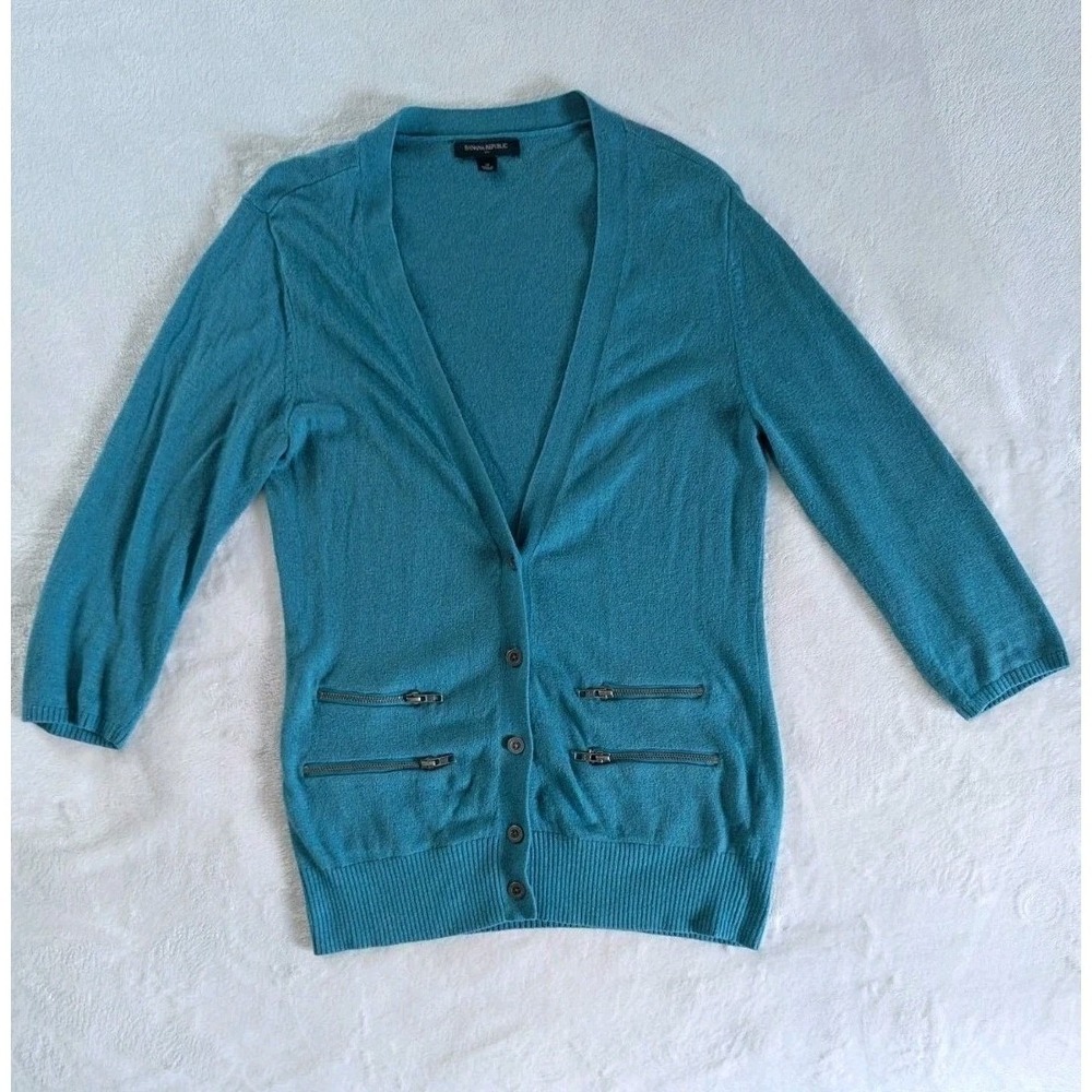 Banana Republic Knit Cardigan Teal Blue Zipper Pocket V-Neck Angora Blend Sz M
